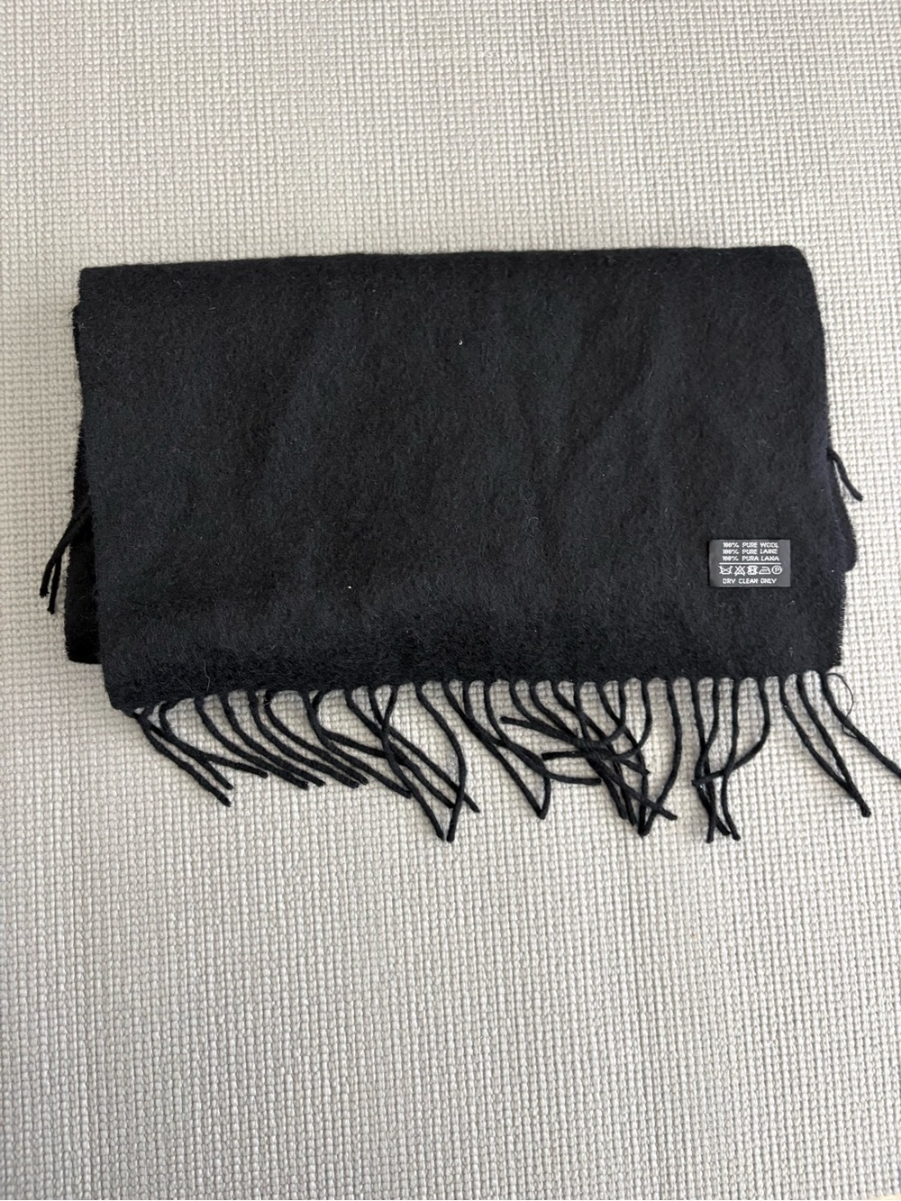 Yves Saint Laurent YSL Black 100% Lambswool Fringe Scarf Logo Embroidered